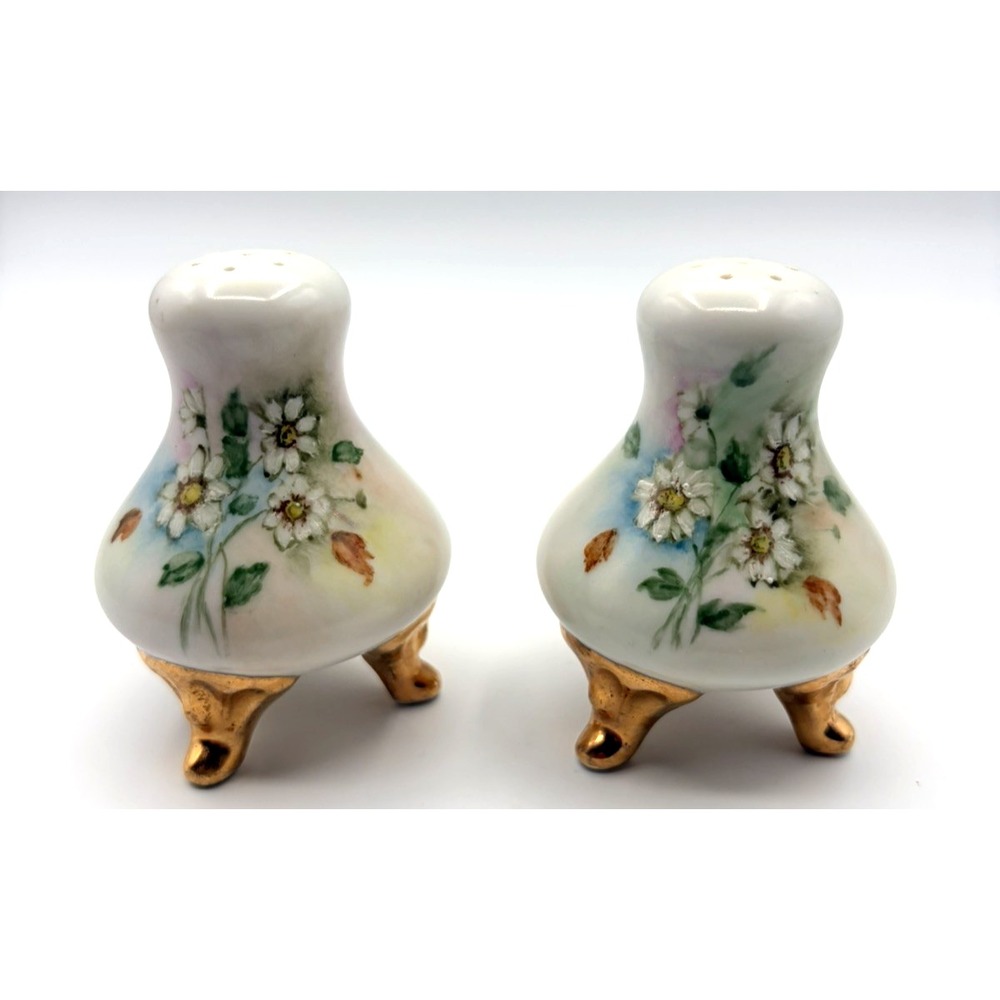 Vintage Salt & Pepper Porcelain Blue Flowers Footed Gold Gilt Shaker Set